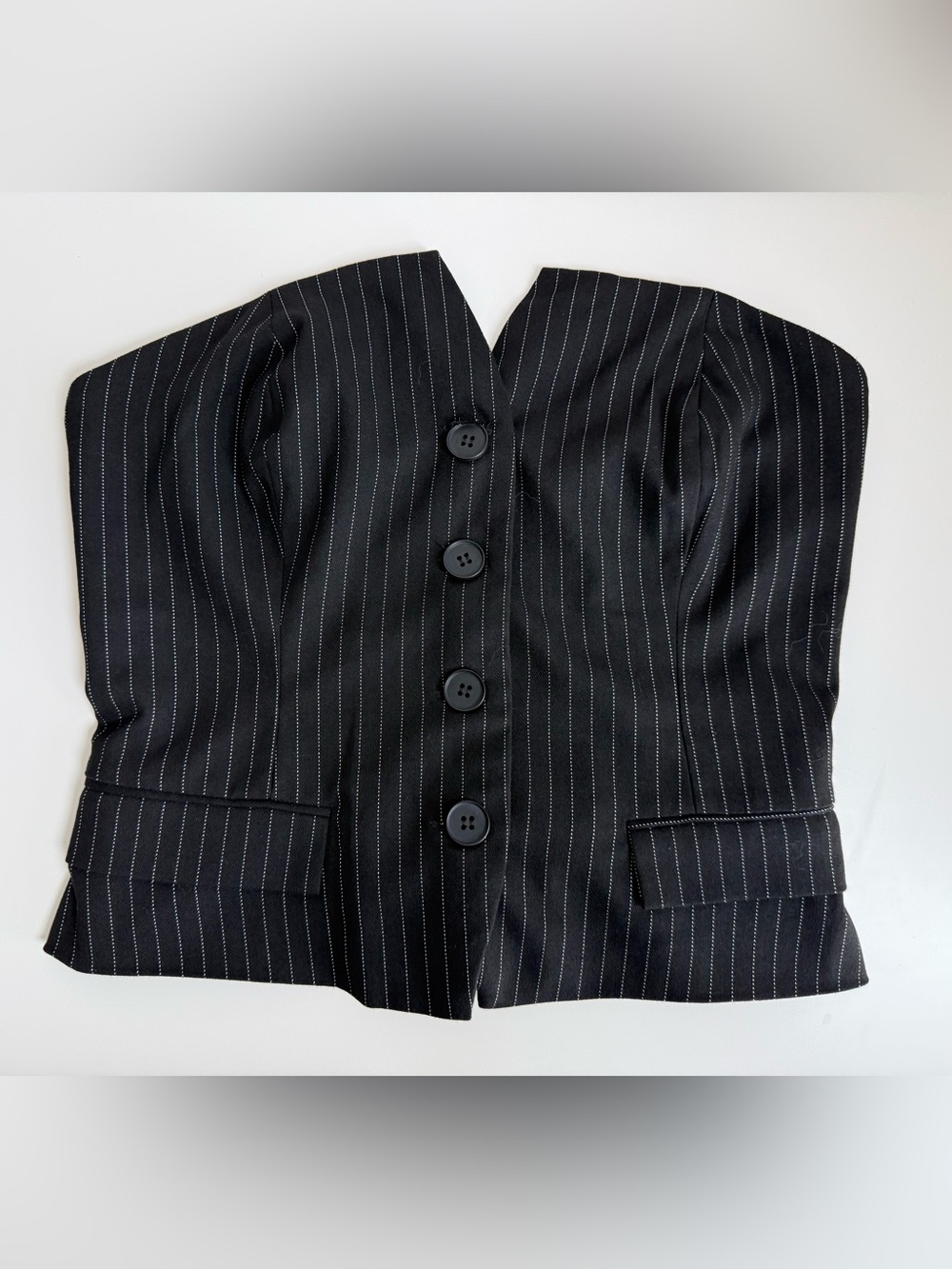 Office Siren Black Pinstripe Strapless Top